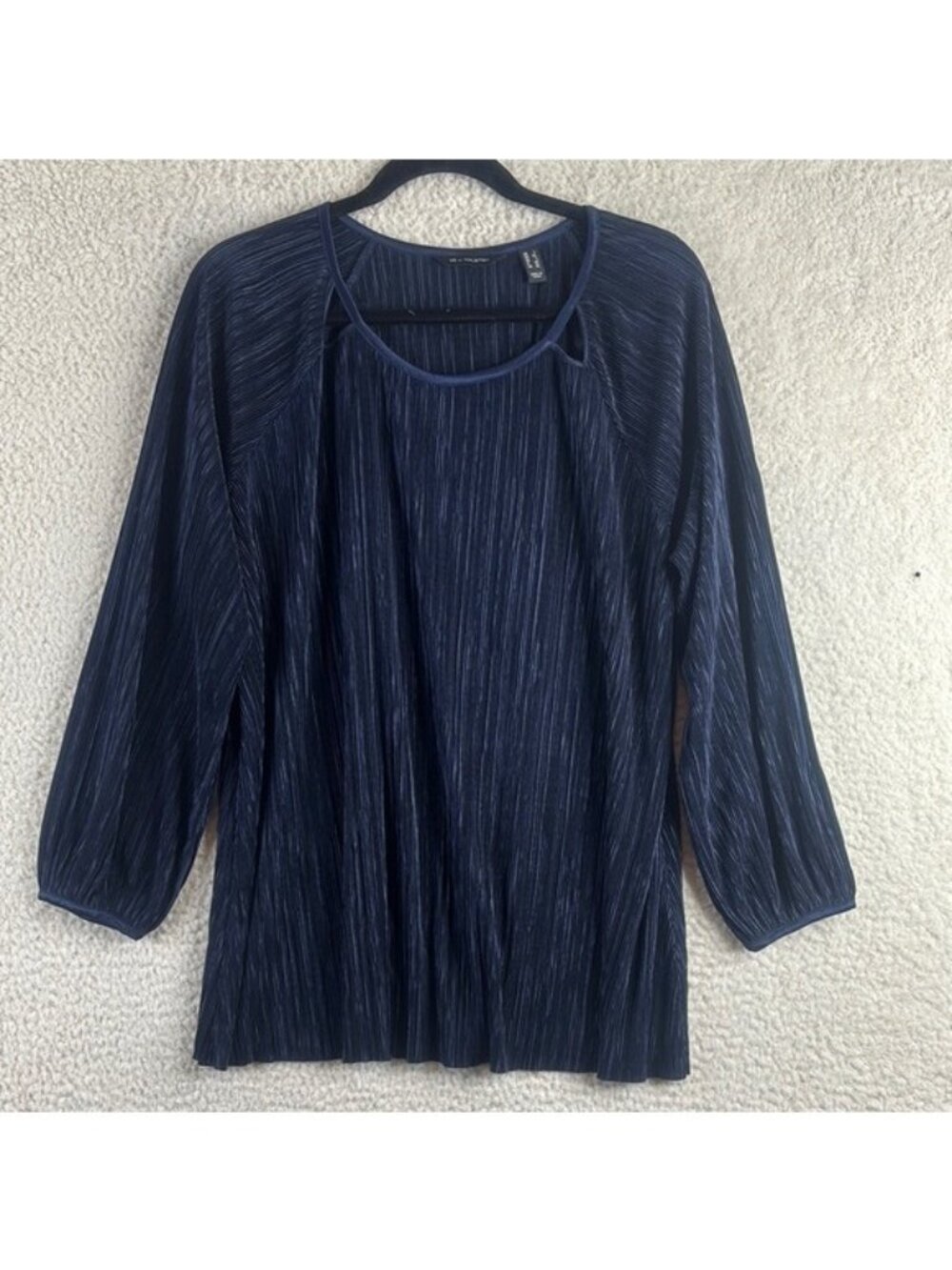 NWOT H by Halston Womens Navy Knit 3/4 Sleeve Plisse Shirt Top L LARGE
